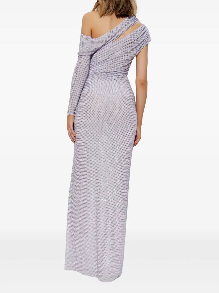 Lavender rhinestone-embellished one-shoulder gown with long sleeves and high slit — Self-Portrait | Endless UAE