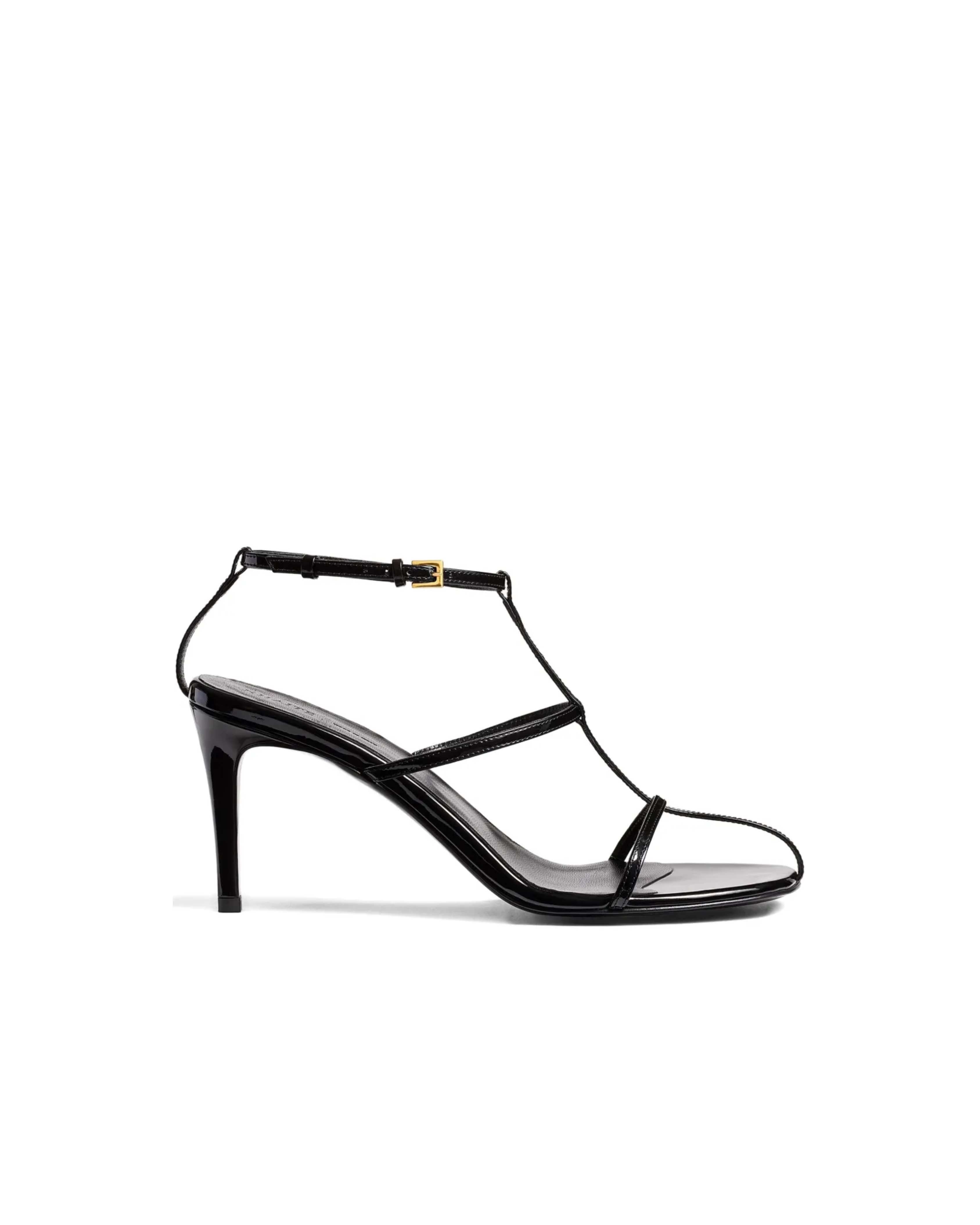 Black leather 75mm cage heels with ankle strap and gold buckle — Khaite | Endless UAE
