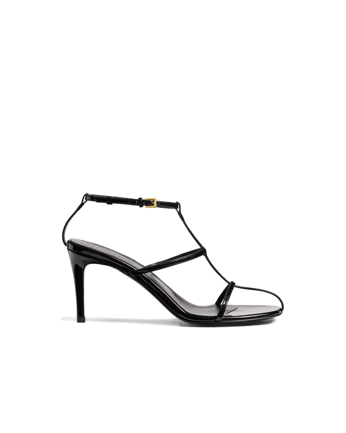 Black leather 75mm cage heels with ankle strap and gold buckle — Khaite | Endless UAE