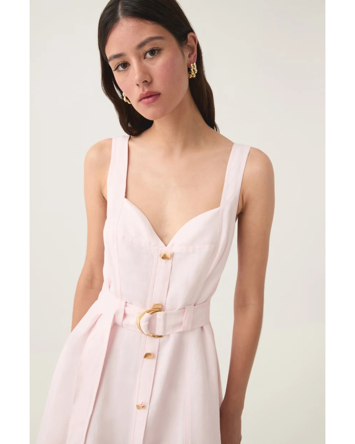 Pale pink sleeveless midi dress with sweetheart neckline, gold button front, and gold belt — Aje | Endless UAE