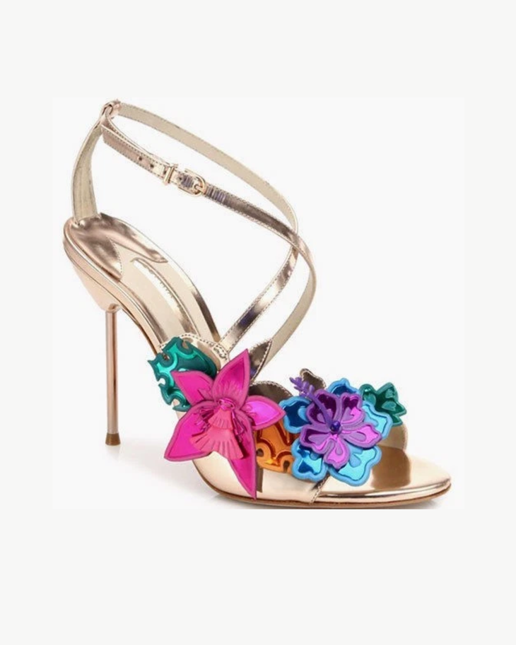 Rose gold leather sandal with colorful 3D floral appliqués and strappy design — Sophia webster | Endless UAE
