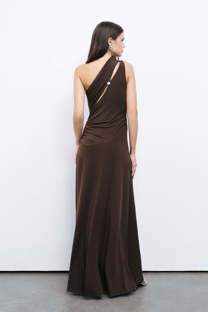 Woman modeling brown one shoulder maxi dress with open back detail — Nocturne | Endless UAE