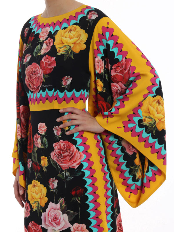 Rose Print Silk Charmeuse Gown with colorful geometric trim — Dolce & Gabbana | Endless UAE