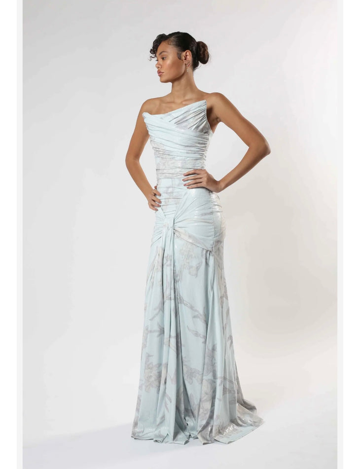 Nadia Pale Blue Gown with draped bodice and flowing skirt — Zeena Zaki | Endless UAE