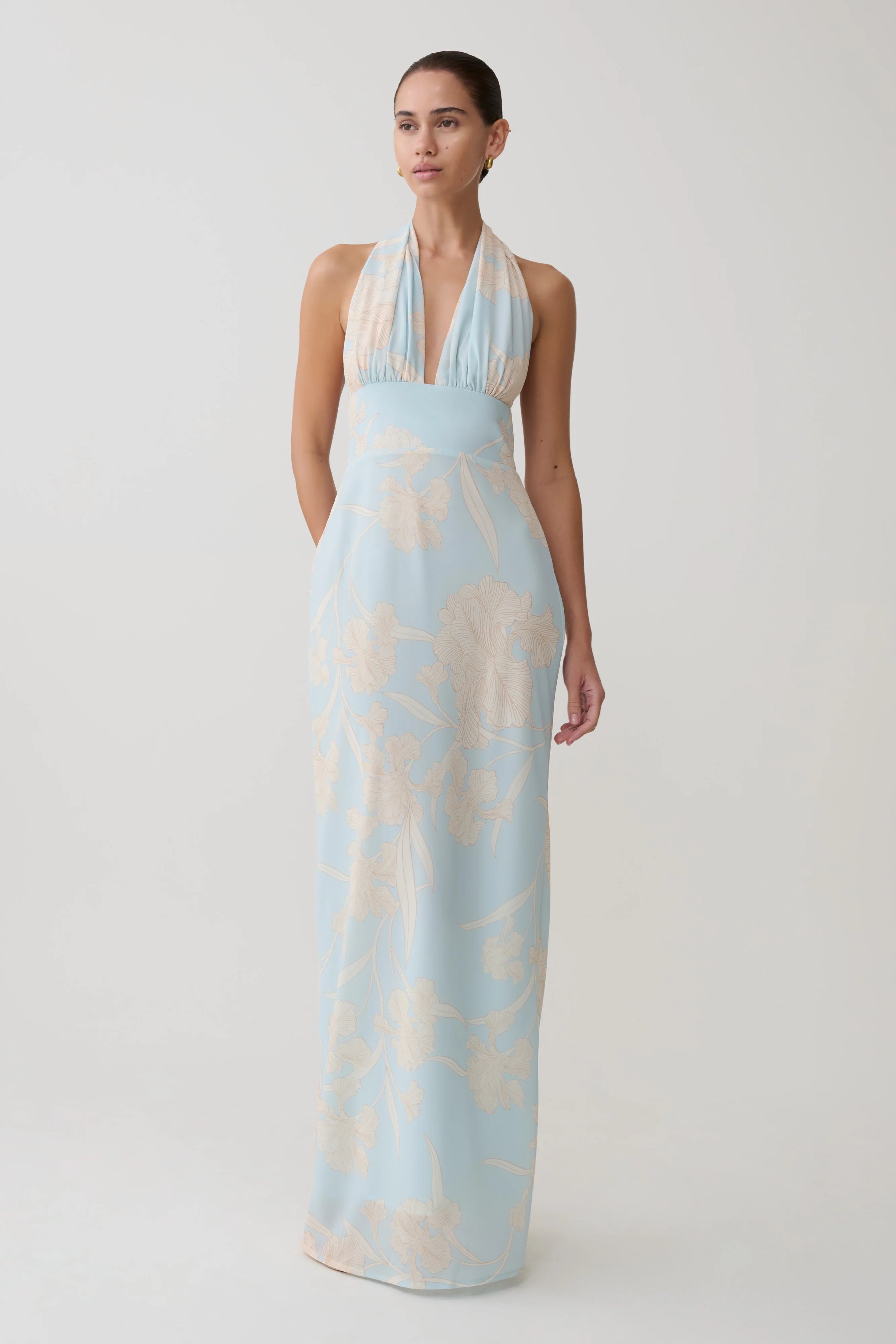 Light blue chiffon halter maxi dress with cream floral embroidery and scarf neckline — Meshki | Endless UAE