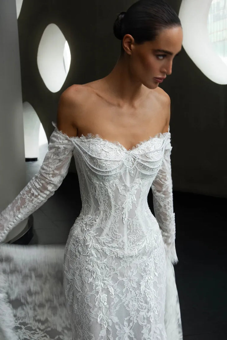 Kaystine off-shoulder lace wedding dress with long sleeves — Patricia Tesori Couture | Endless UAE