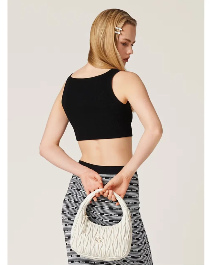Black ribbed viscose tank top with white Miu Miu logo — Miu Miu | Endless UAE