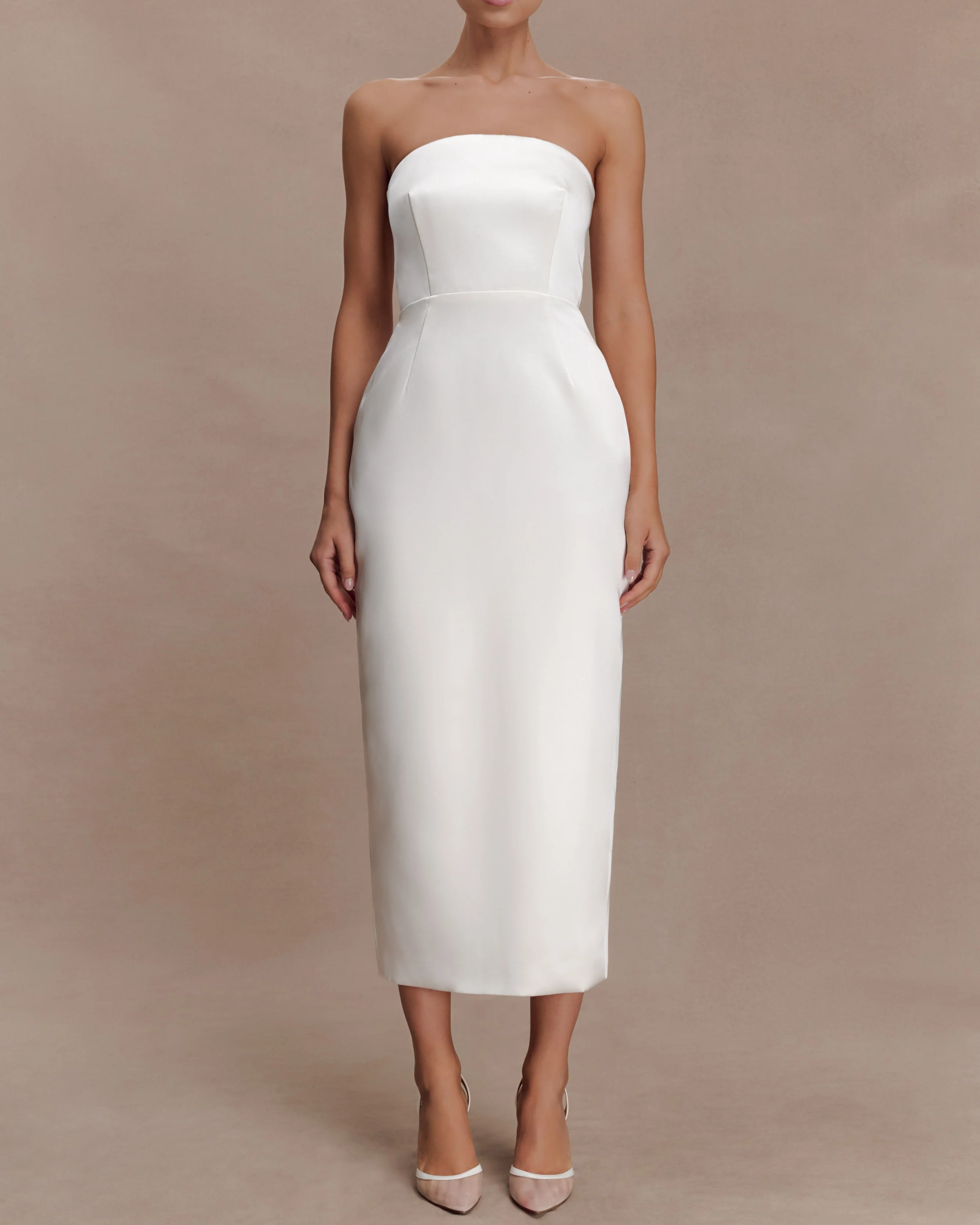 White strapless satin maxi dress with peplum waist detail — Meshki | Endless UAE