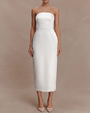 White strapless satin maxi dress with peplum waist detail — Meshki | Endless UAE