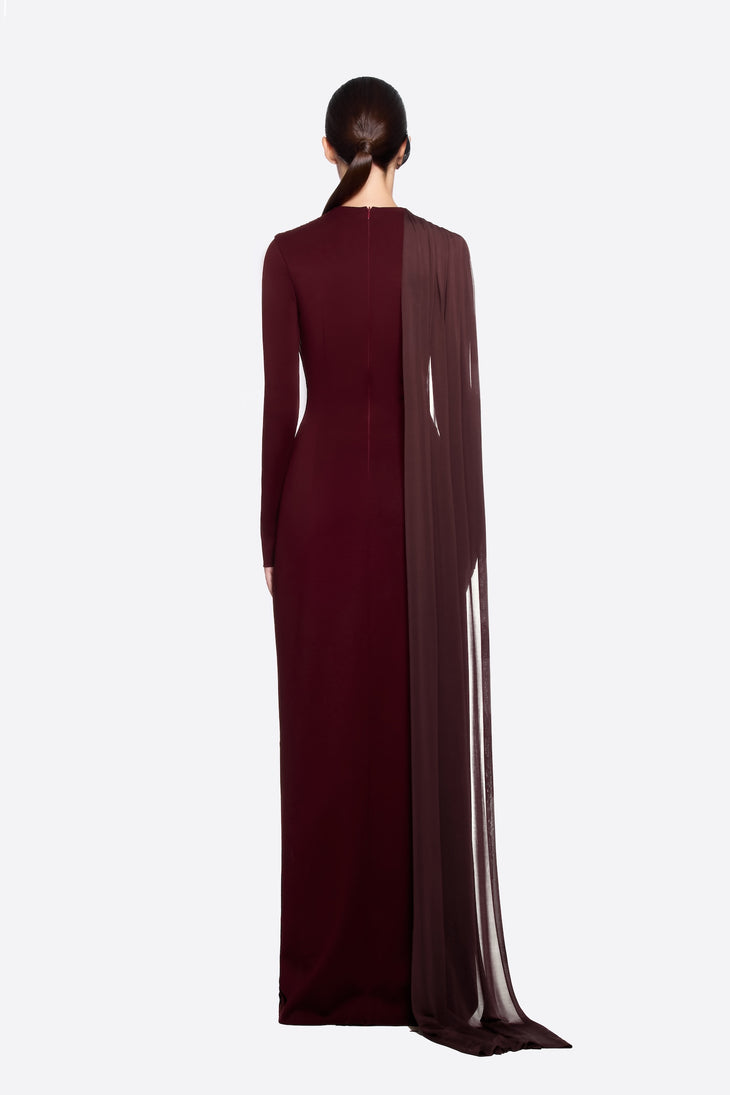 Burgundy draped long-sleeve gown with elegant ruching detail — Chats By C.Dam | Endless UAE