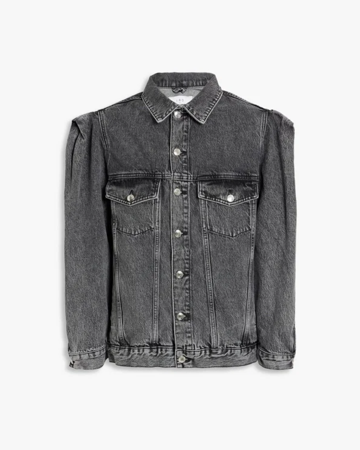 Chigny faded gray denim jacket worn with matching jeans and black boots — IRO | Endless UAE