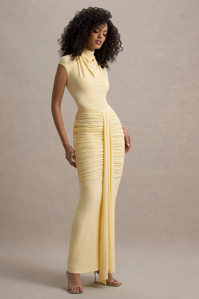 Woman wearing pale lemon high-neck ruched maxi dress with cap sleeves — Club L London | Endless UAE