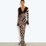 Sabine Dress in zebra print with long sheer sleeves and deep V-neckline — Rat & Boa | Endless UAE