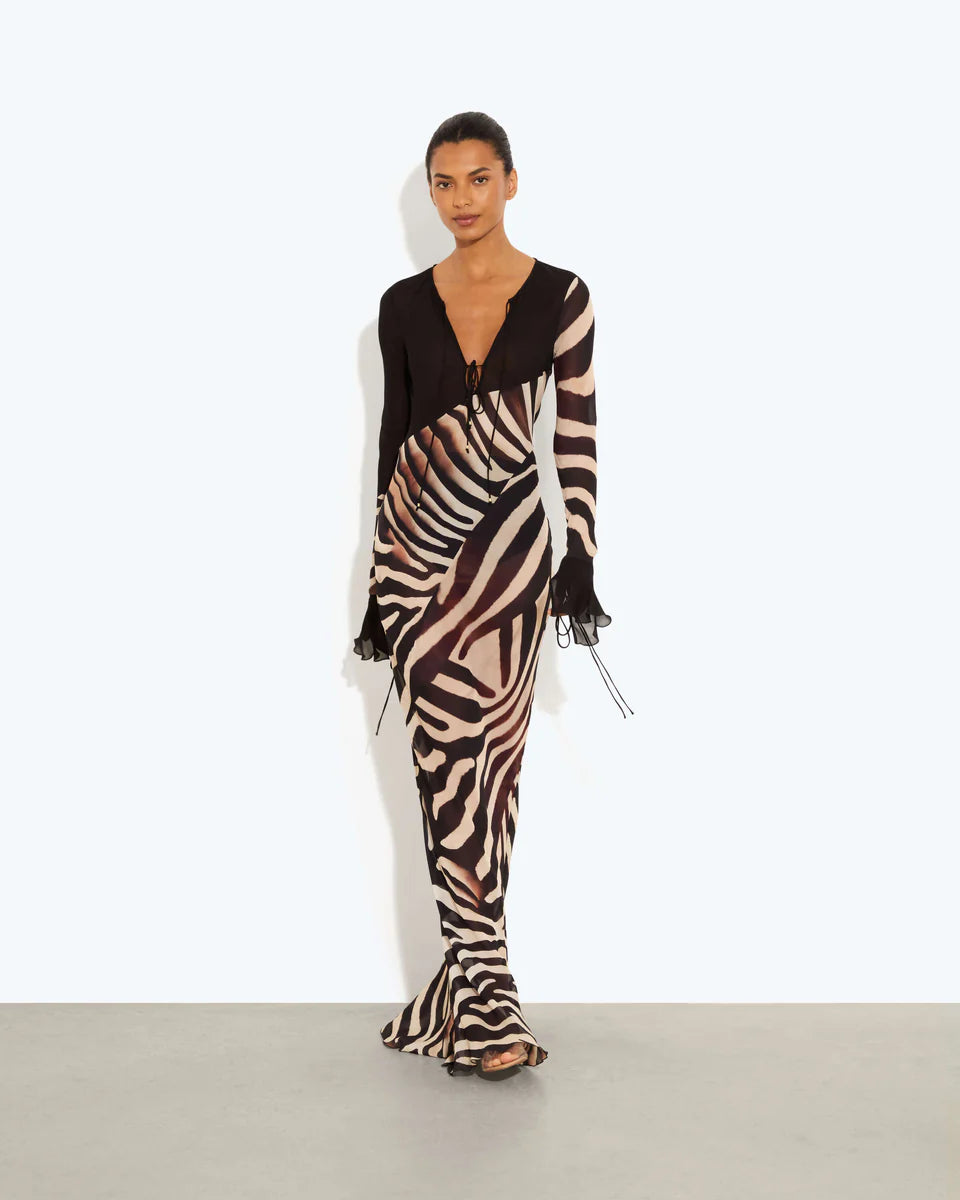 Sabine Dress in zebra print with long sheer sleeves and deep V-neckline — Rat & Boa | Endless UAE