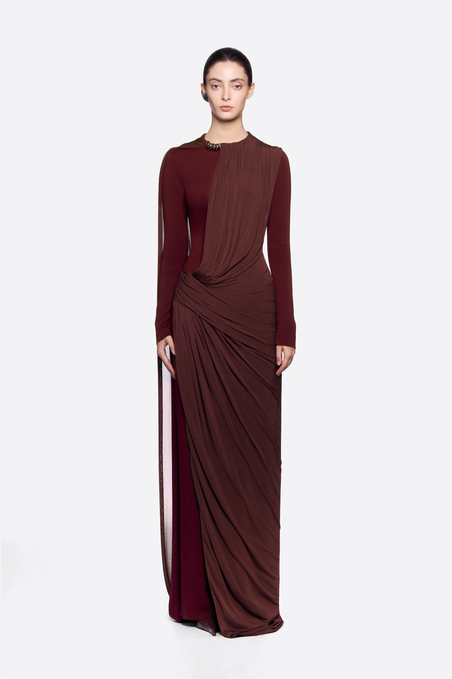 Burgundy draped long-sleeve gown with elegant ruching detail — Chats By C.Dam | Endless UAE