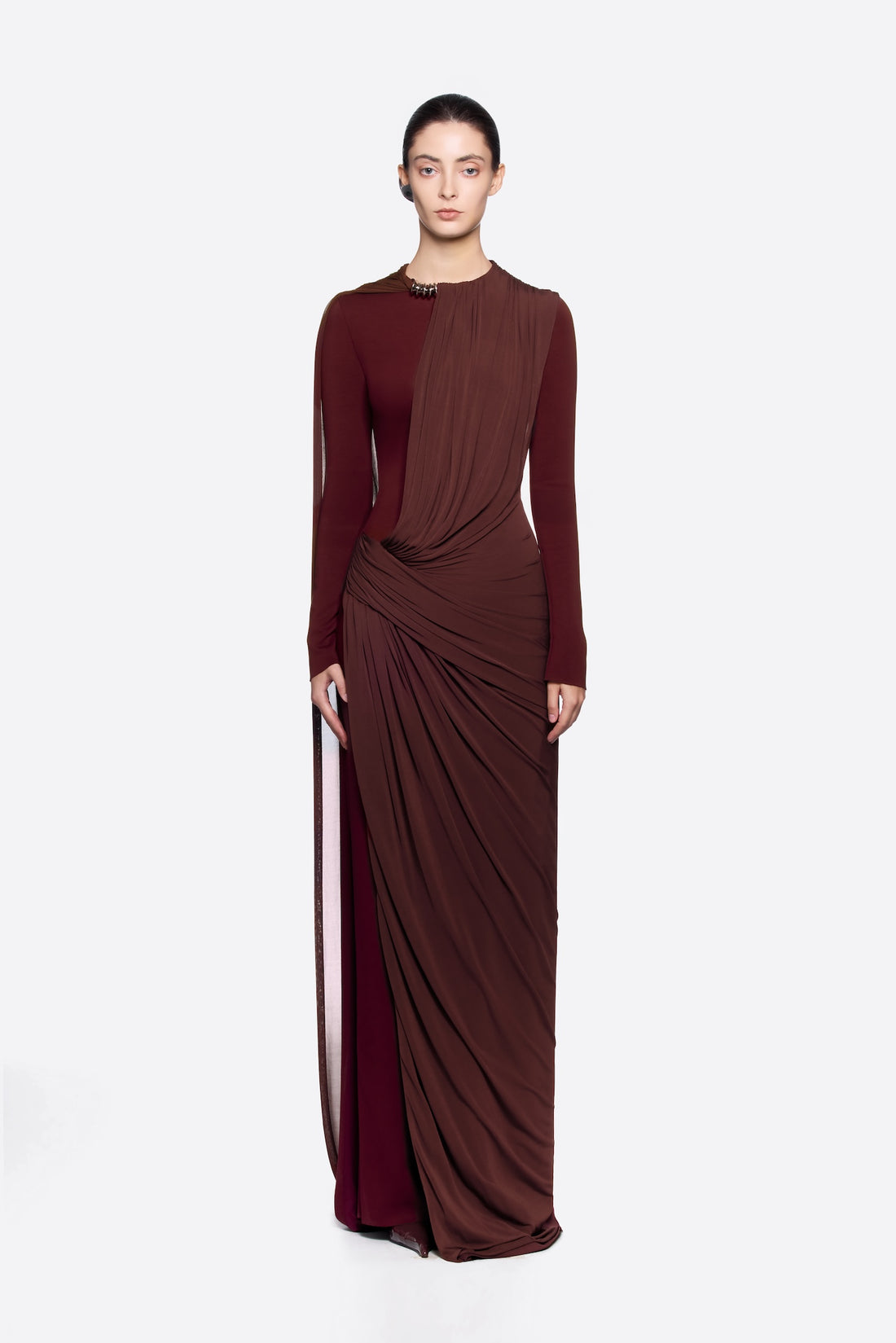 Burgundy draped long-sleeve gown with elegant ruching detail — Chats By C.Dam | Endless UAE
