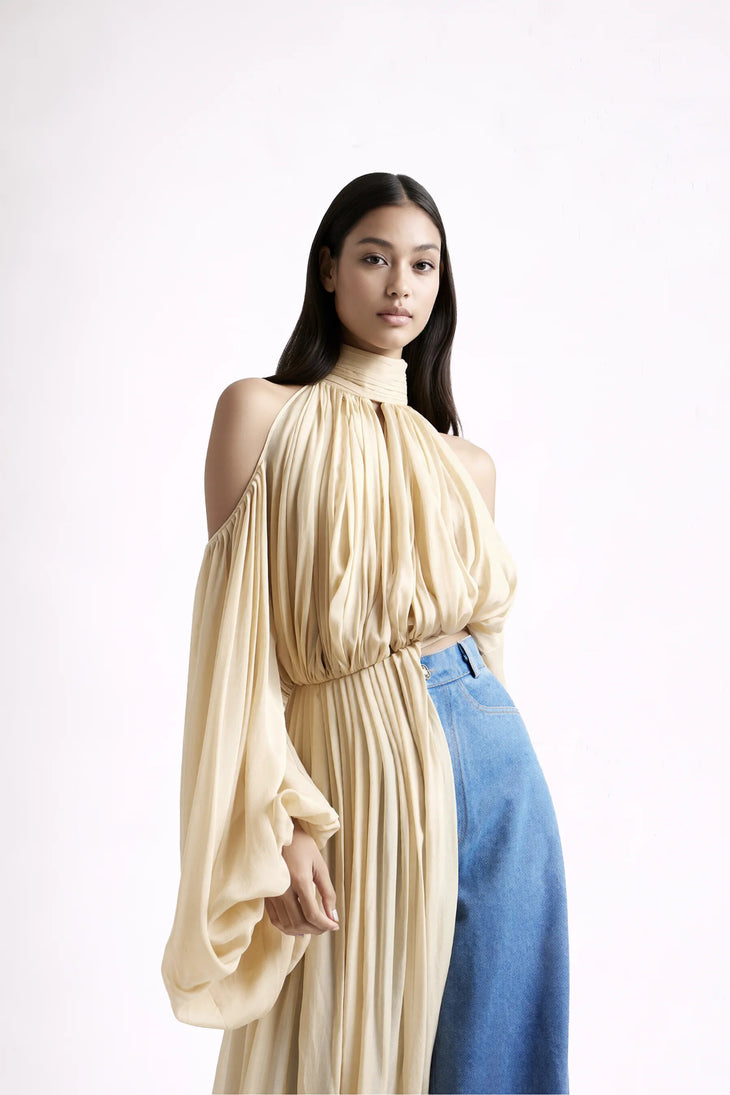 Sage Dress in cream with draped cold-shoulder sleeves and blue denim panel — Deme By Gabriella | Endless UAE