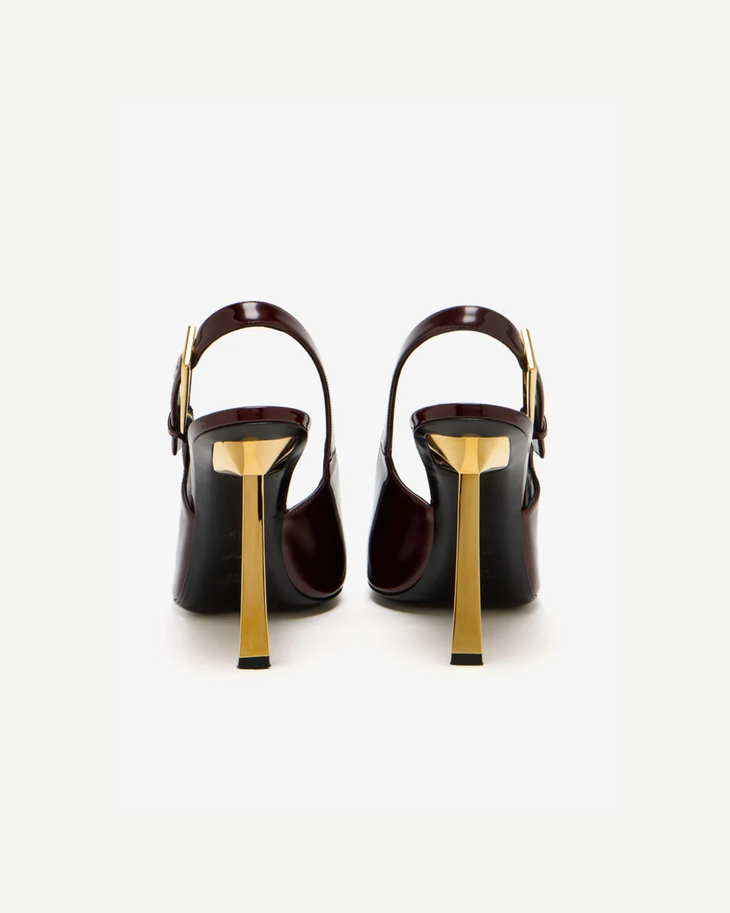 Burgundy patent leather slingback pump with gold heel — Saint Laurent | Endless UAE