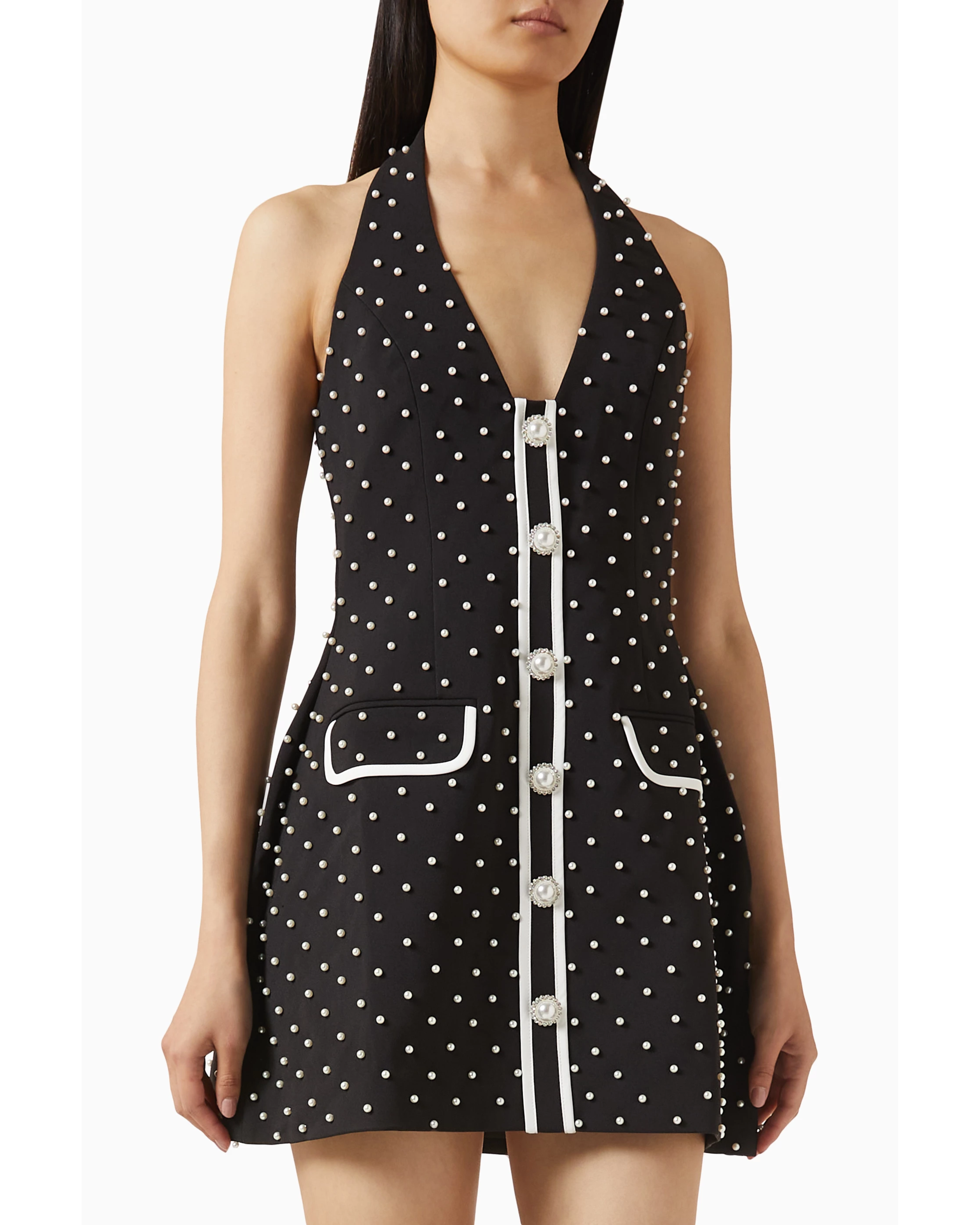 Black pearl polka dot halter mini dress with white trim and jeweled button details — Odd Muse | Endless UAE