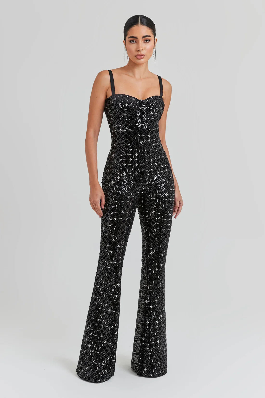 Black sequin jumpsuit with sweetheart neckline and flared legs — Nadine Merabi | Endless UAE