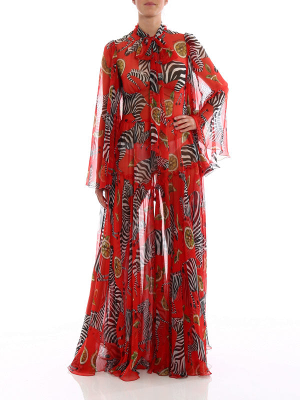 Red silk jumpsuit with zebra and lemon print and bow neckline — Dolce & Gabbana | Endless UAE