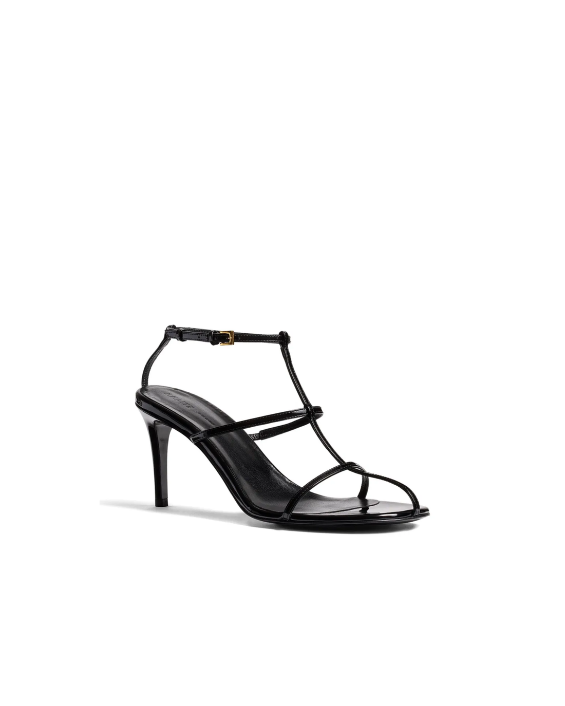 Black leather 75mm cage heels with ankle strap and gold buckle — Khaite | Endless UAE