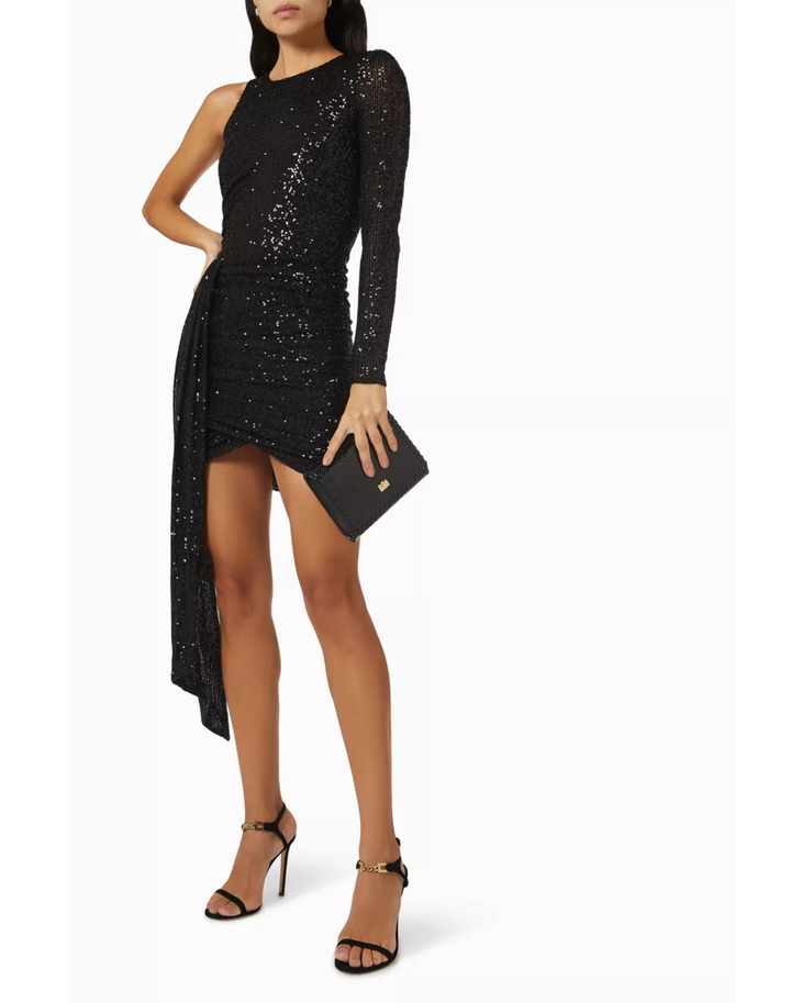 Black asymmetric sequin mini dress with draped side detail — Elisabetta Franchi | Endless UAE