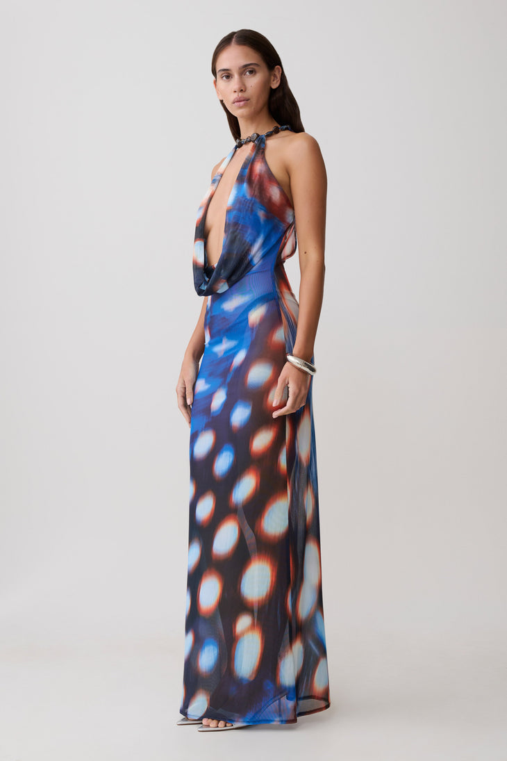 Woman wearing blue, red and white mesh cowl plunge maxi dress with beaded neckline — Meshki | Endless UAE