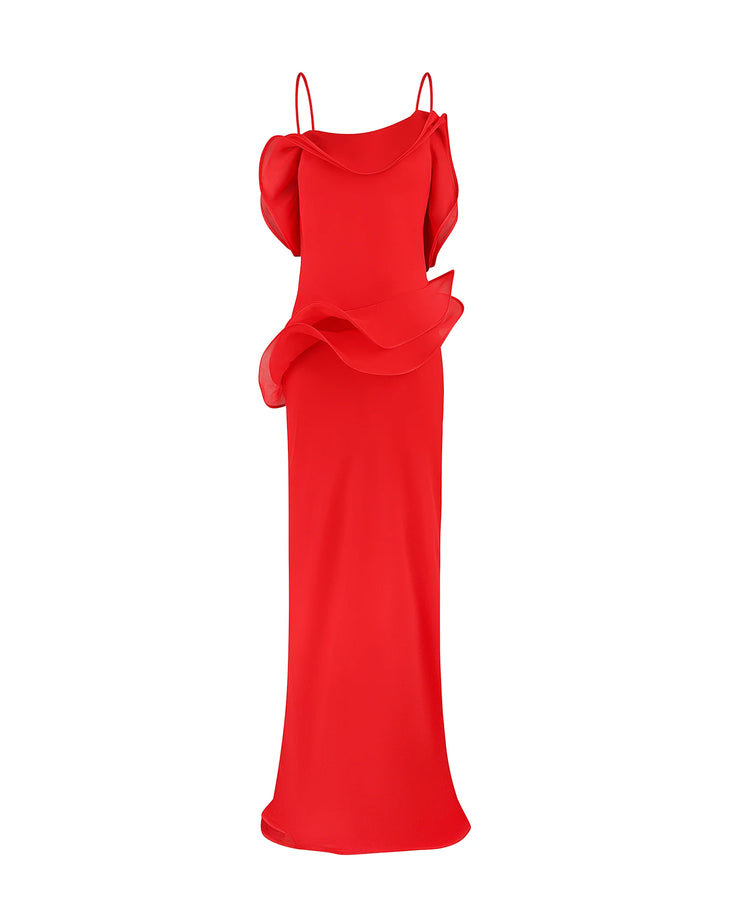 Red chiffon maxi dress with cold shoulder and ruffle details — Selezza London | Endless UAE