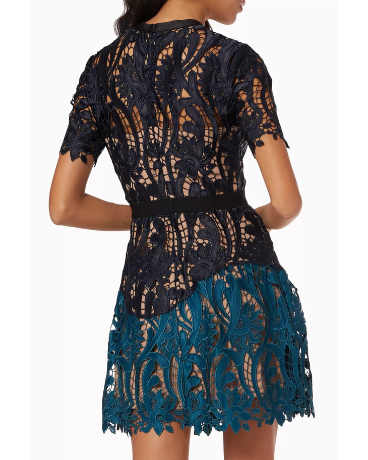 Black and teal lace mini dress with short sleeves and patchwork design — Self-Portrait | Endless UAE