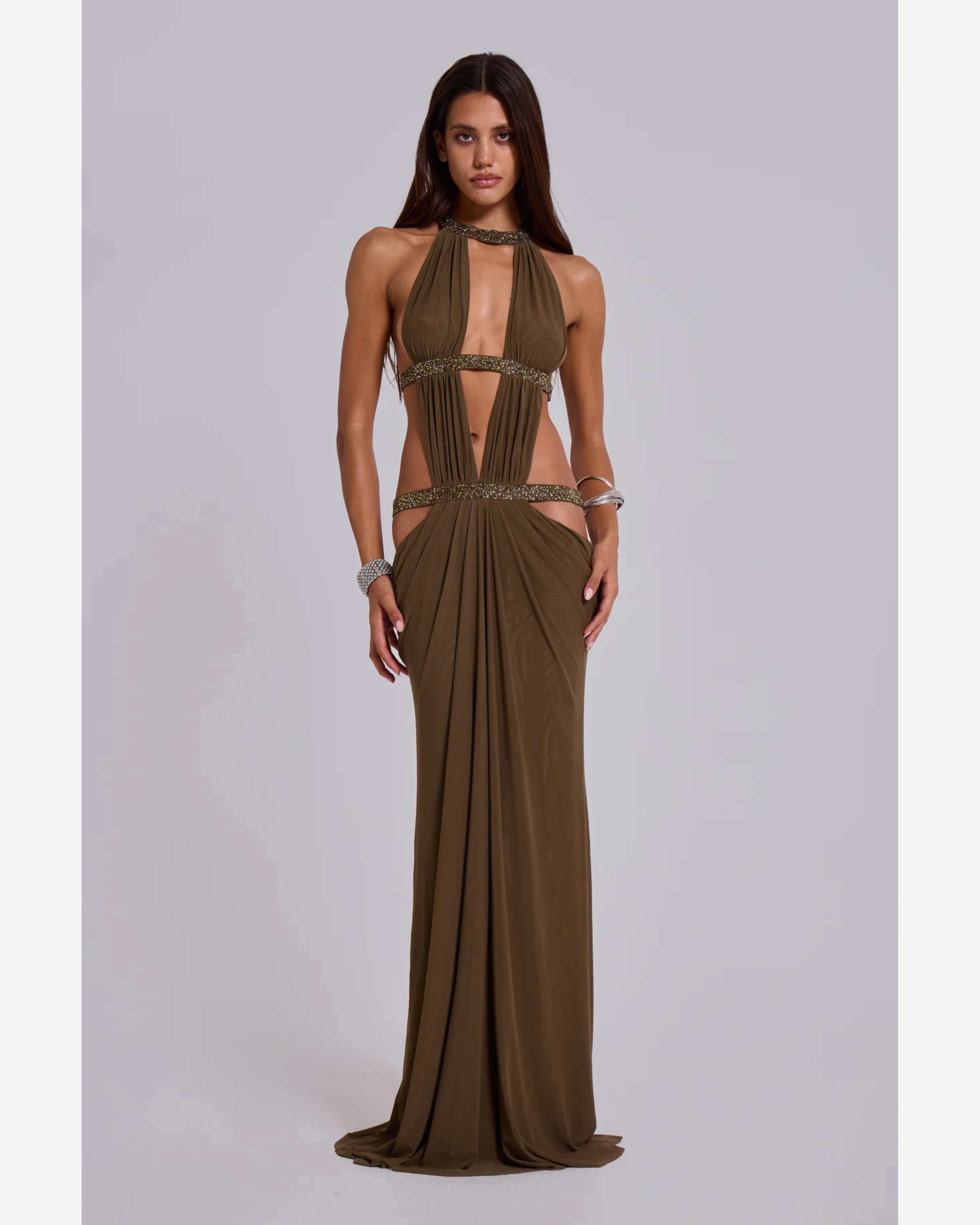 Olive halter maxi dress with beaded cutout details and draped fabric — Jaded London | Endless UAE