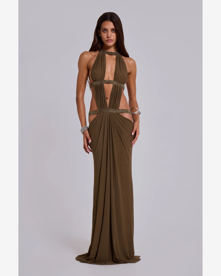 Olive halter maxi dress with beaded cutout details and draped fabric — Jaded London | Endless UAE