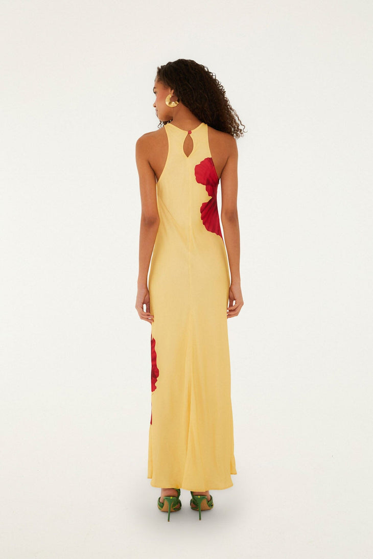 Woman wearing yellow sleeveless maxi dress with red poppy flower print — Farm Rio | Endless UAE