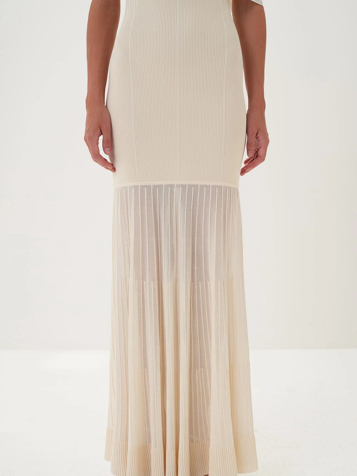 Cream ribbed strapless maxi gown with detachable scarf collar and pleated hem — Nora The Label | Endless UAE