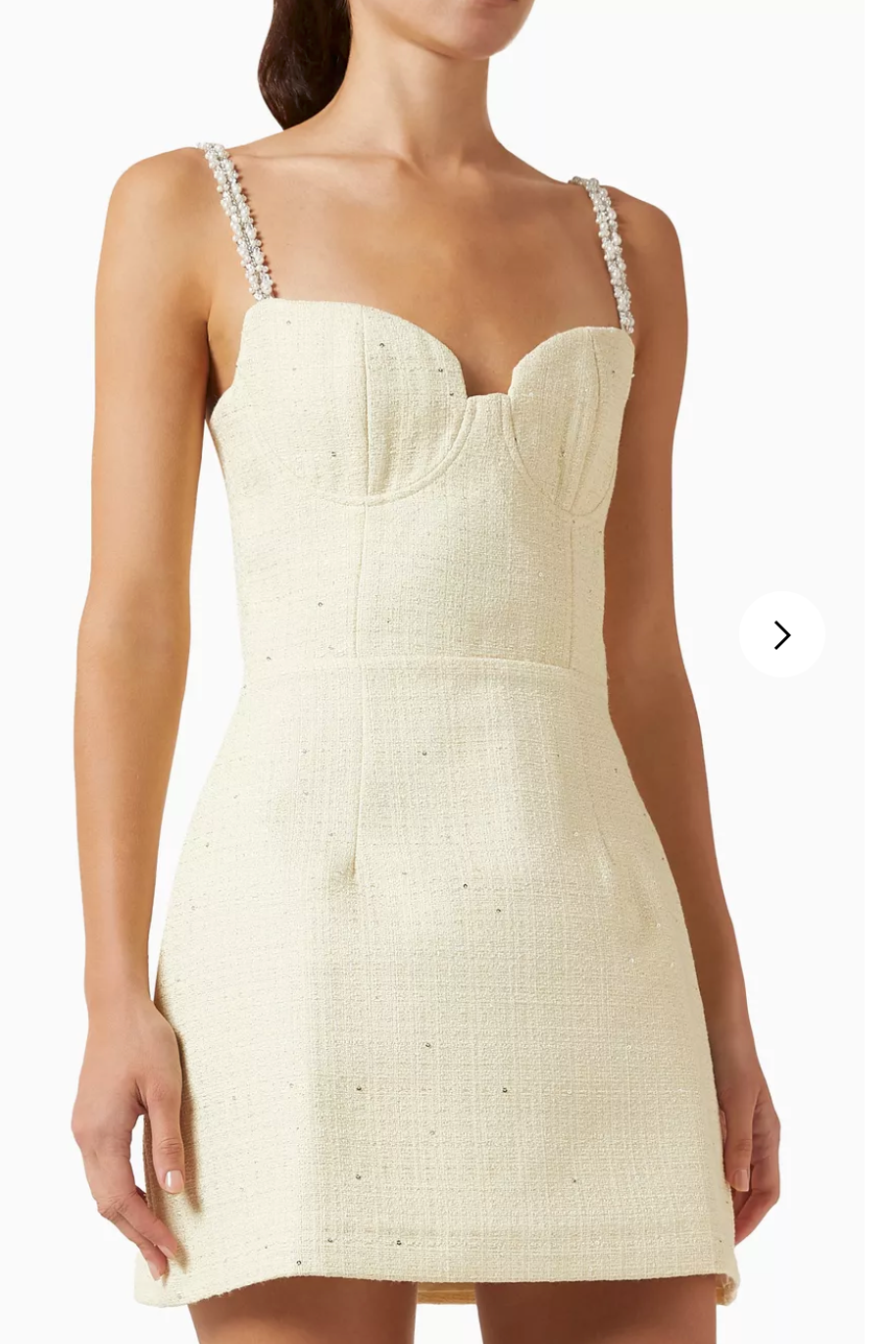 Cream mini dress with pearl-embellished straps, back view — Elle Zeitoune | Endless UAE