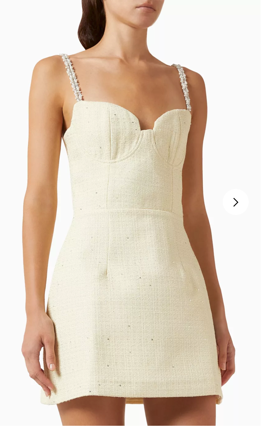 Cream mini dress with pearl-embellished straps, back view — Elle Zeitoune | Endless UAE