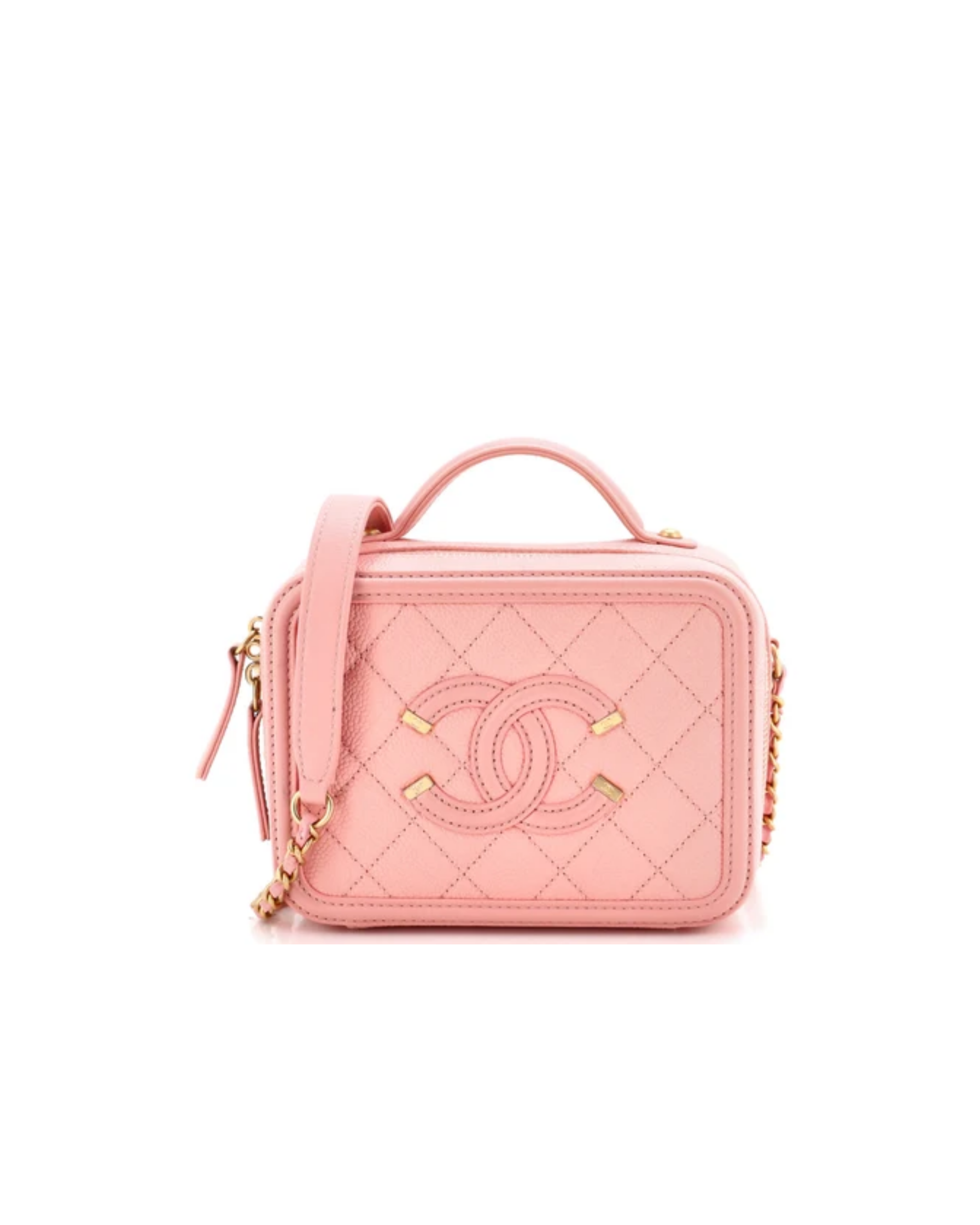 Pink quilted Chanel Filigree Vanity Bag with gold hardware and chain strap — Chanel | Endless UAE