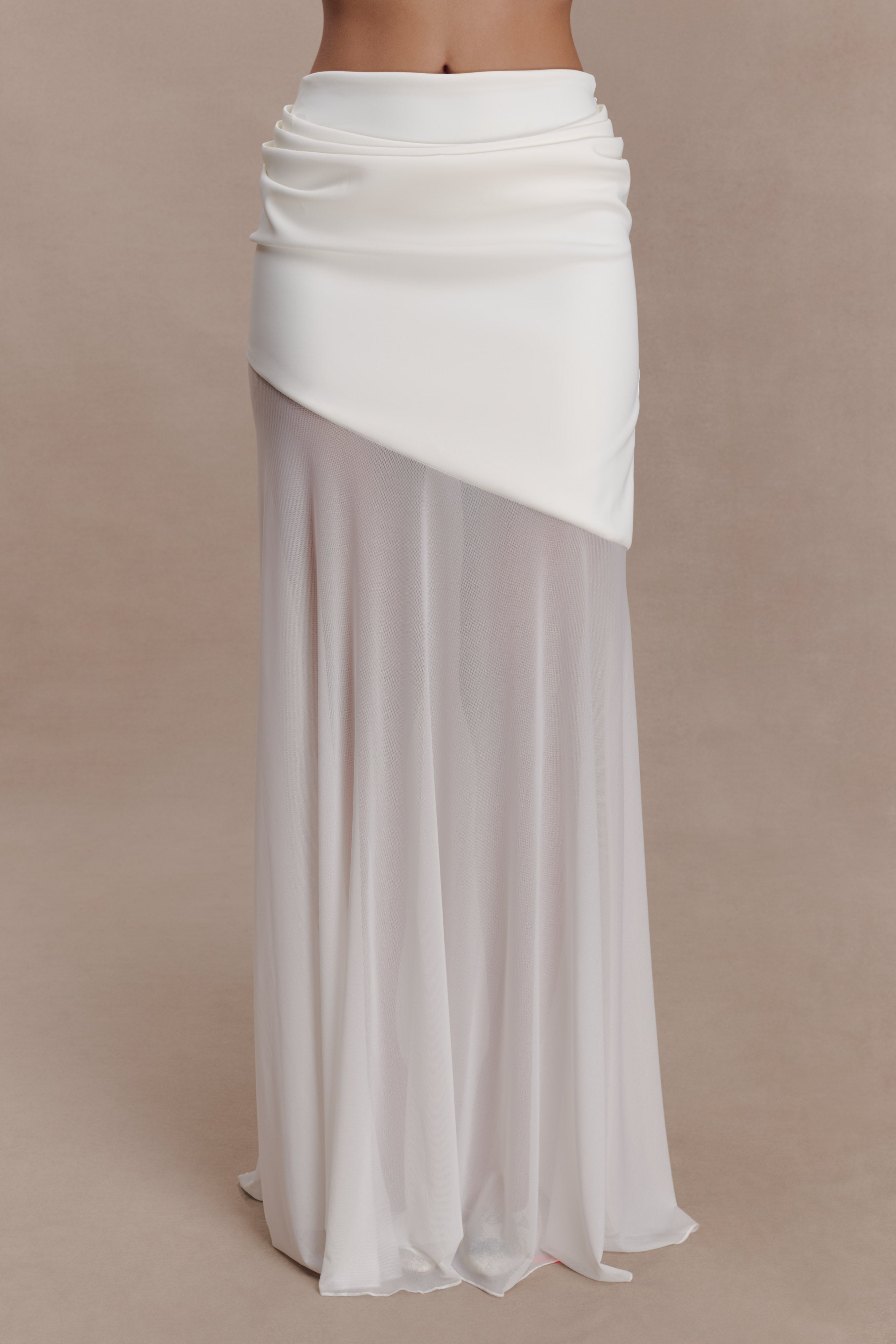 White scuba and mesh maxi skirt with asymmetrical color-block design — Meshki | Endless UAE
