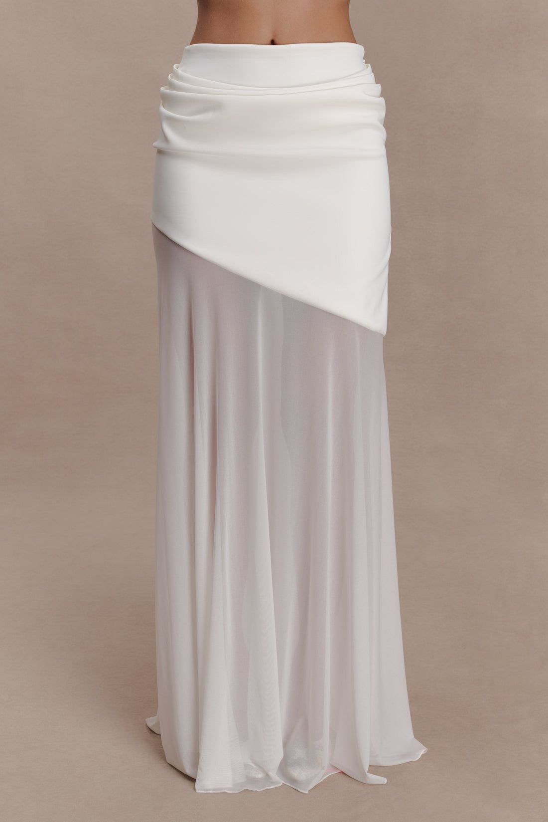 White scuba and mesh maxi skirt with asymmetrical color-block design — Meshki | Endless UAE