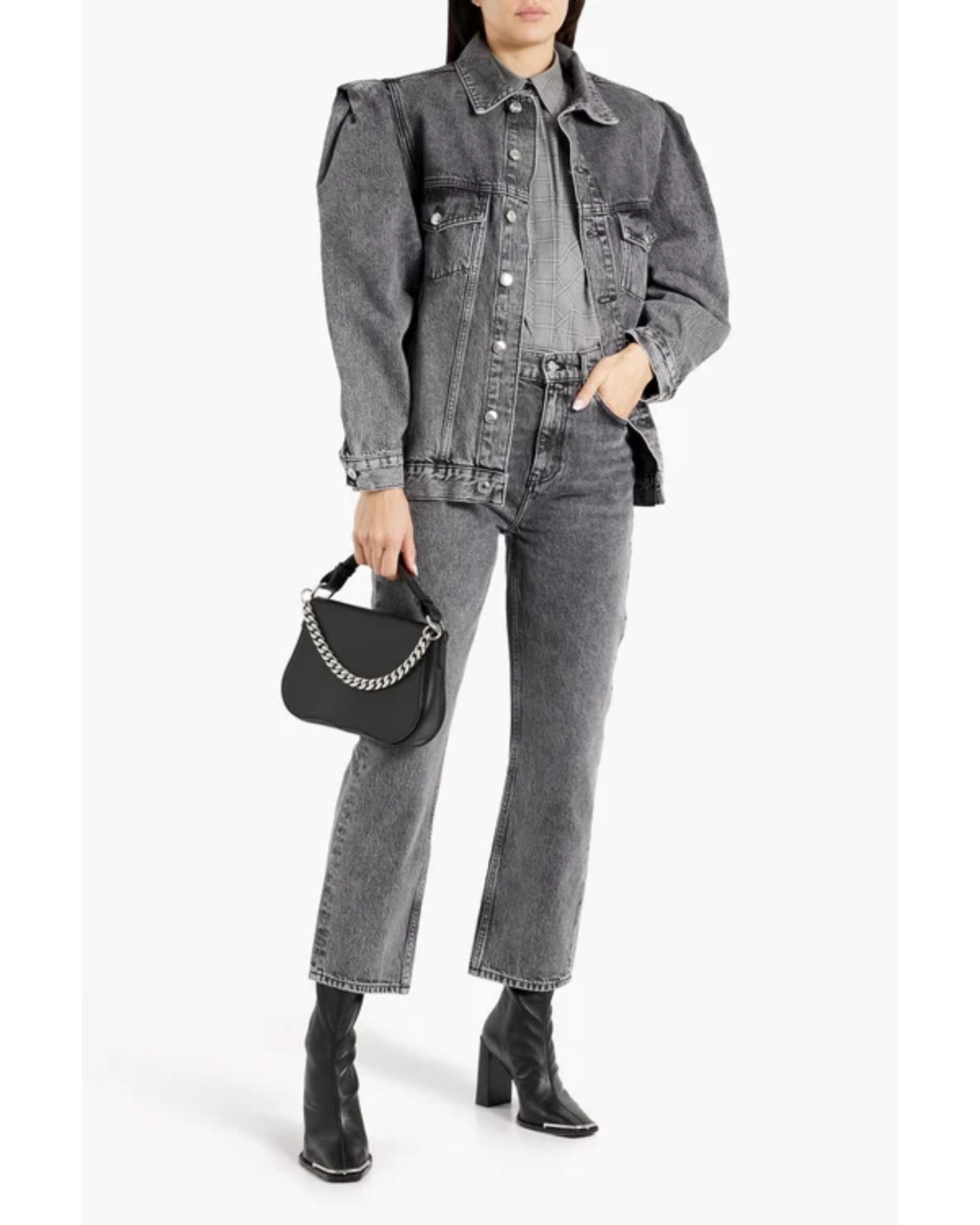 Chigny faded gray denim jacket worn with matching jeans and black boots — IRO | Endless UAE