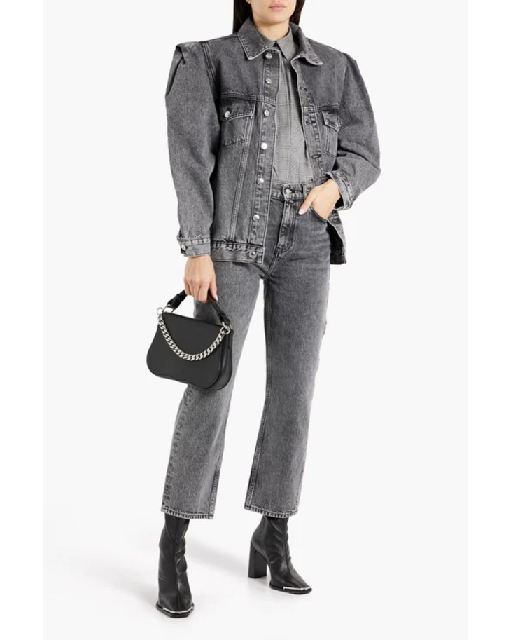 Chigny faded gray denim jacket worn with matching jeans and black boots — IRO | Endless UAE