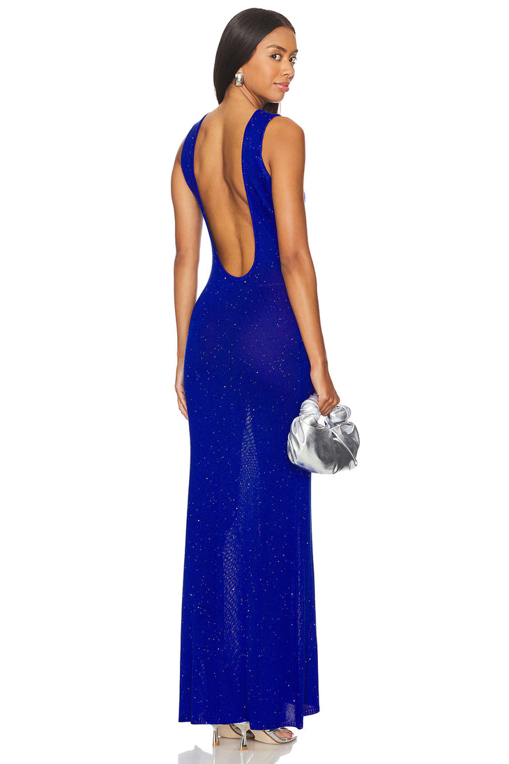 Woman wearing electric blue sequined sleeveless maxi dress — Runaway the label | Endless UAE