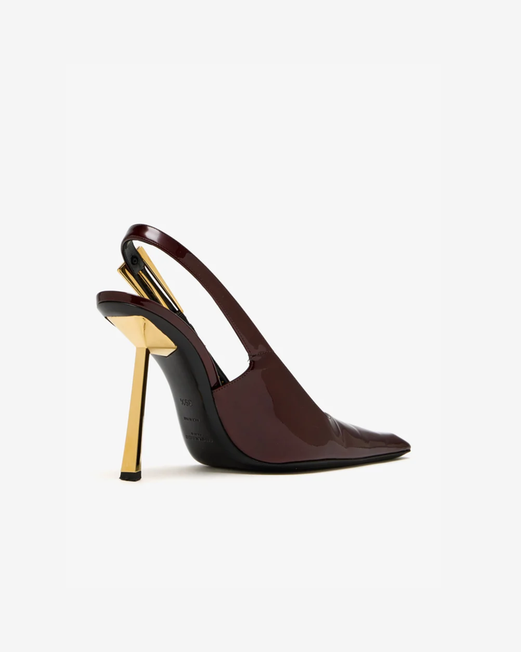 Burgundy patent leather slingback pump with gold heel — Saint Laurent | Endless UAE