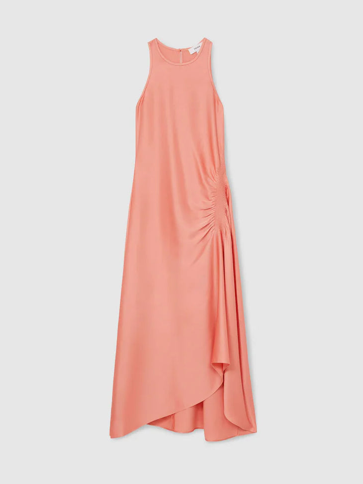Coral satin sleeveless midi dress with ruched side detail and asymmetrical hem — Reiss | Endless UAE