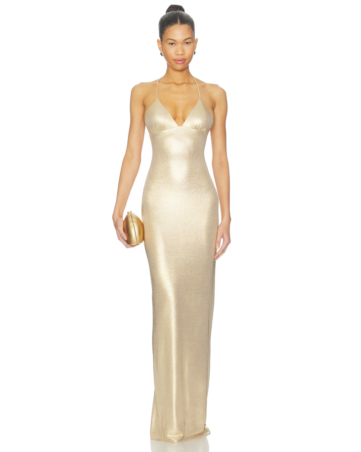 Gold halter maxi dress with butterfly embellishments and open back — I.AM.GIA | Endless UAE