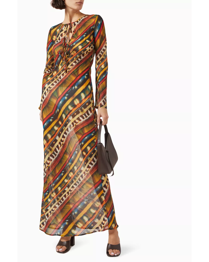 Magy Printed Maxi Dress in vibrant diagonal stripes with long sleeves and keyhole neckline — Siedres | Endless UAE