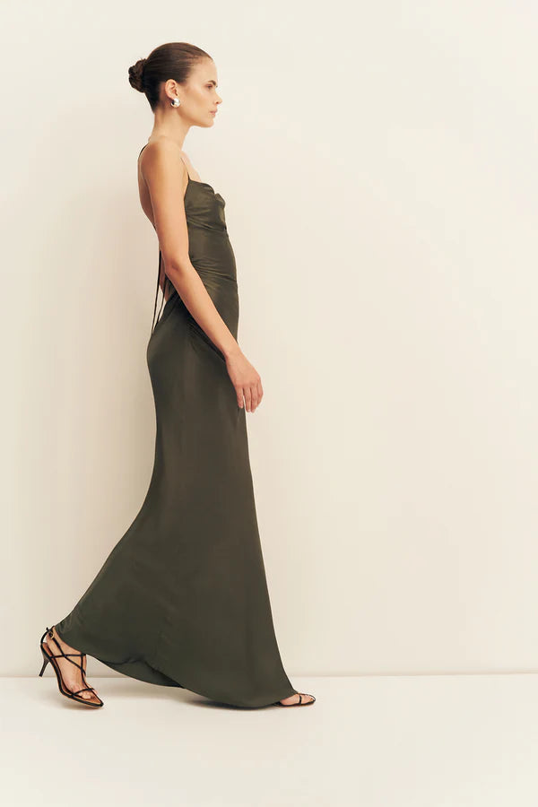 Olive satin cowl neck maxi dress with ruched sides and lace back detail — Shona Joy | Endless UAE