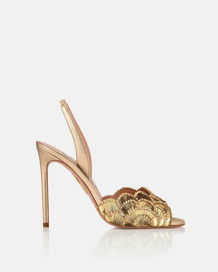 Gold embellished peep-toe heels with scalloped shell design — Aquazzura | Endless UAE
