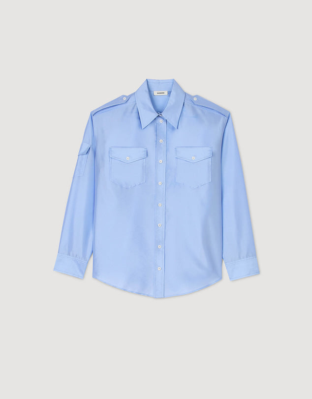 Light blue oversized shirt with chest pockets worn open — Sandro | Endless UAE