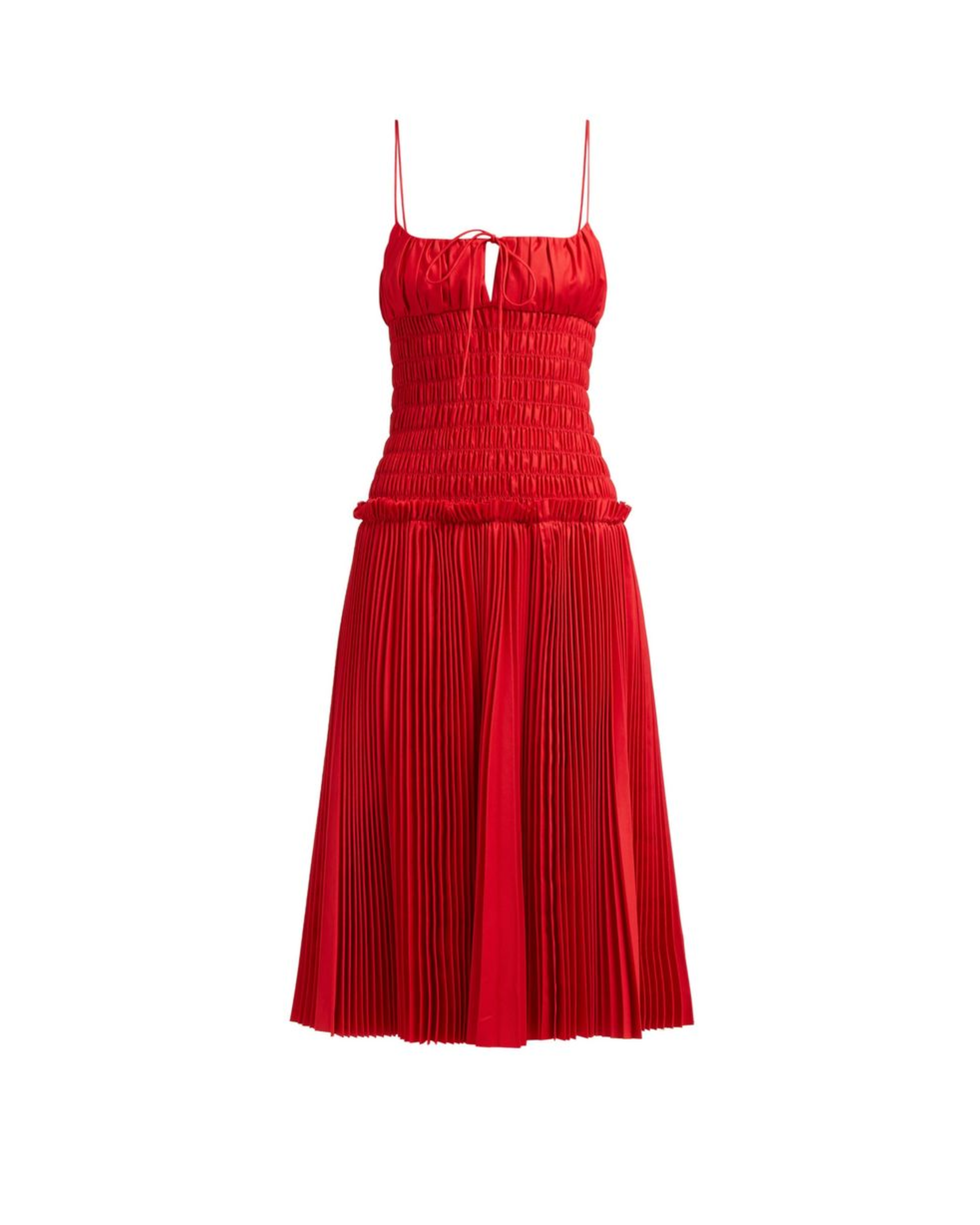 Red smocked-bodice cotton dress with pleated skirt and thin straps — Khaite | Endless UAE